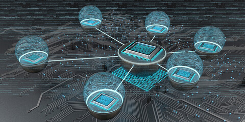 Connected microchips with circuit diagram, 3d illustration