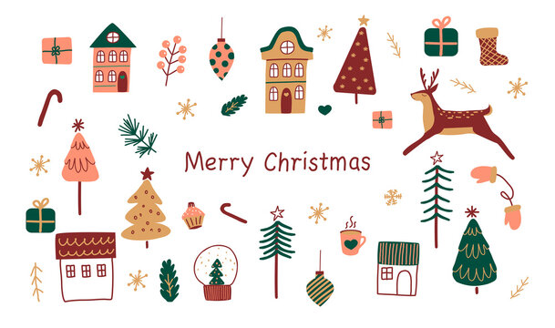 Collection of vector Christmas elements. modern boho minimalism. Merry Christmas and Happy New Year. Winter stickers for design. Template for use in children's design, textiles, books, packaging.