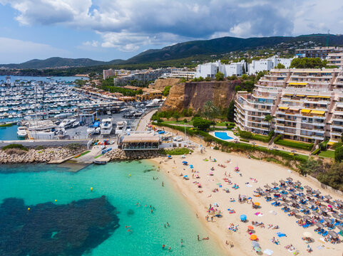 Spain, Balearic Islands, Mallorca, Aerial view of Portals Nous, beach Platja de S'Oratori