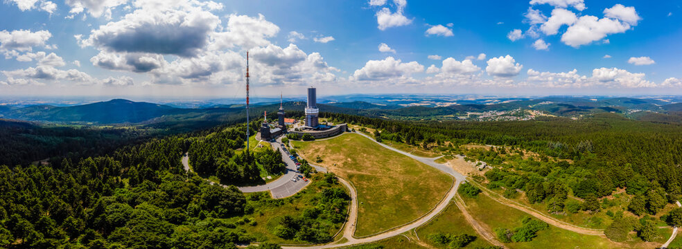 Germany, Hesse, Schmitten, Aerial view of Grosser Feldberg, aerial mast of hr and viewing tower, Oberreifenberg in the background