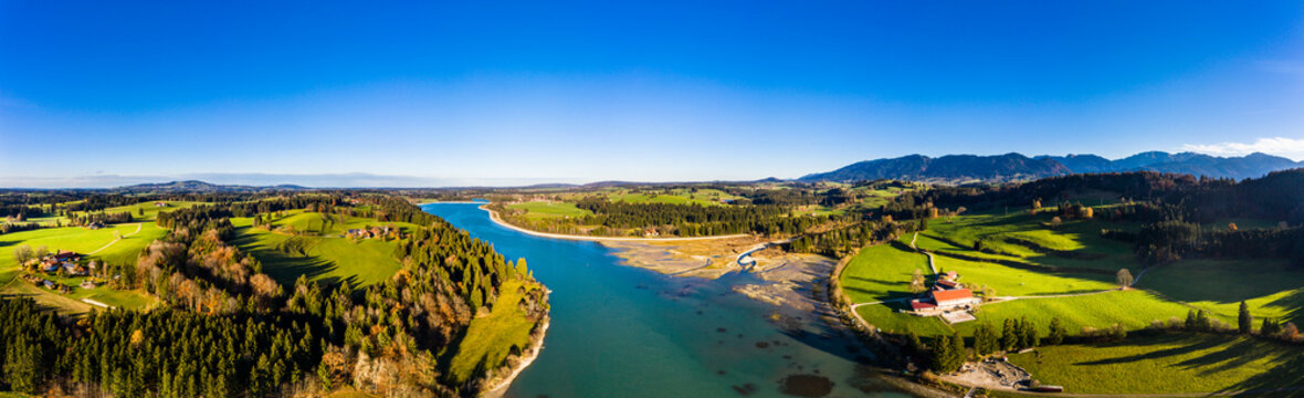 Germany, Bavaria, East Allgaeu, Fuessen, Prem, Aerial view of Lech reservoir