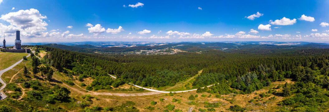 Germany, Hesse, Schmitten, Aerial view of Grosser Feldberg, aerial mast of hr and viewing tower, Oberreifenberg in the background