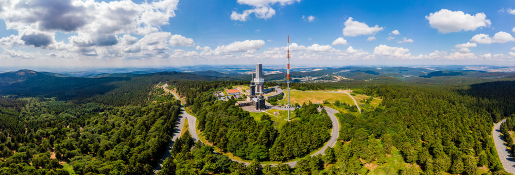 Germany, Hesse, Schmitten, Aerial view of Grosser Feldberg, aerial mast of hr and viewing tower, Oberreifenberg in the background