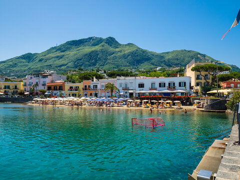 Italy, Campagnia, Ischia, Lacco Ameno, Beach and restaurant at Corso Angelo Rizzoli