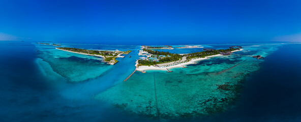 Maledives, South Male Atoll, lagoon of Olhuveli and Bodufinolhu, aerial view