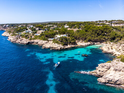 Spain, Mallorca, Aerial view of bay Cala Falco and Cala Bella Donna