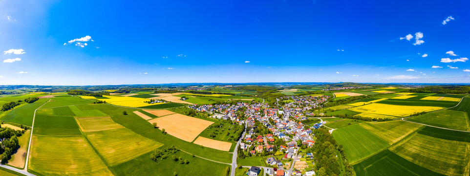 Aerial view of rape fields and cornfields near Usingen and Schwalbach, Hesse, Germany