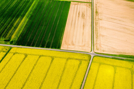 Aerial view of rape fields and cornfields near Usingen, Hesse, Germany