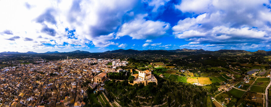 Aerial view of pigrimage church Santuari de Sant Salvador, Arta, Majorca, Spain