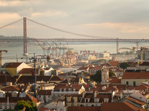 View over the city with Ponte 25 de Abril Tejo River from Miradouro da Nossa Senhora do Monte, Lisbon, Portugal