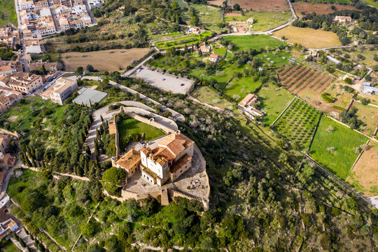 Aerial view of pigrimage church Santuari de Sant Salvador, Arta, Majorca, Spain