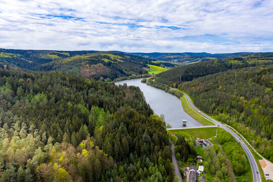 Germany, Hesse, Erbach, Scenic view of Marbach reservoir in Himbachel Valley