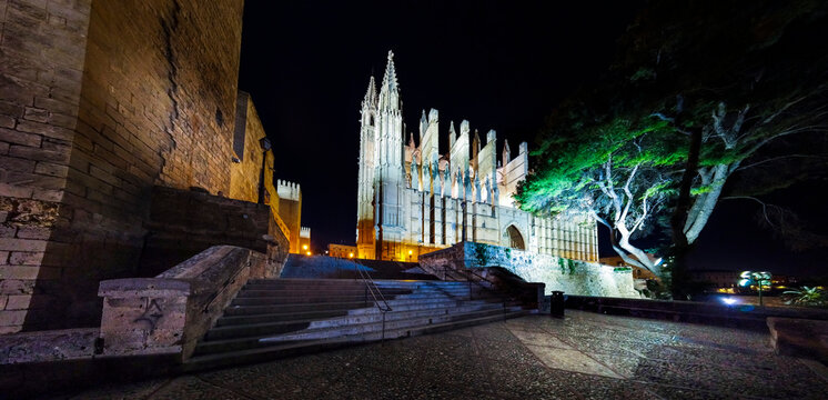 Spain, Balearic Islands, Palma de Mallorca, Cathedral of Santa Maria of Palma illuminated at night