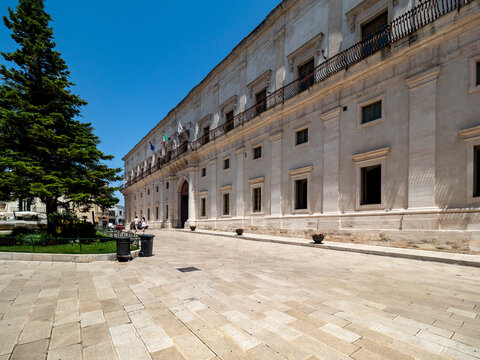 Italy, Province of Taranto, Martina Franca, Piazza Roma and balconies of Ducal Palace