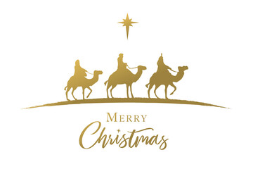 Fototapeta Three wise men golden silhouette, nativity scene. Merry Christmas,   three kings and star, Holy night background. Happy epiphany day vector illustration obraz