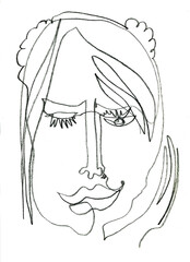 Сontinuous line drawing face. Modern single line art contour portrait. Black pencil illustration