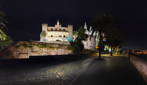Spain, Balearic Islands, Palma de Mallorca, Cathedral of Santa Maria of Palma illuminated at night