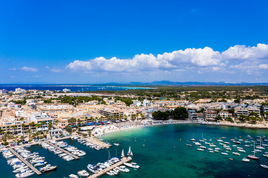 Spain, Balearic Islands, Colonia de Sant Jordi, Aerial view of harbor of coastal city