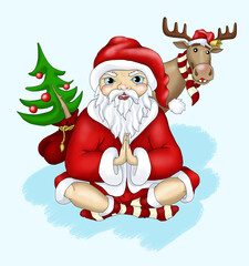 Santa in lotus position, New Year, deer in a scarf, Christmas tree with toys and gifts