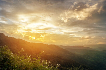 Beautiful landscape of nature on the high mountains during sunset tropical forest
