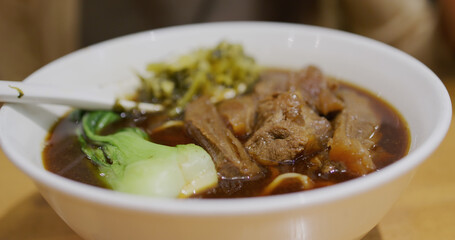 Taiwanese beef noodle soup in restaurant