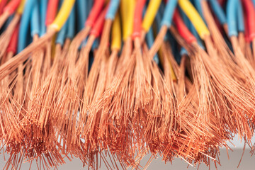 Bundle of stripped electrical copper cable close-up