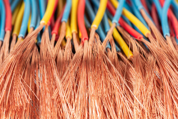 Bundle of stripped electrical copper cable close-up