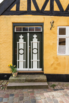 Denmark, Ribe, Ornate entrance doors of half-timbered town house