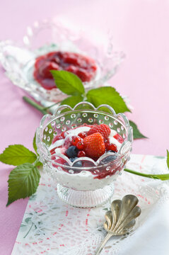 Red Fruit Jelly and natural yoghurt in glass bowl