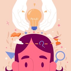 Genius hour. Creative man brainstorms, looks for innovative ideas and comes up with different ways to achieve success. Smart entrepreneur. Cartoon flat vector illustration isolated on pink background