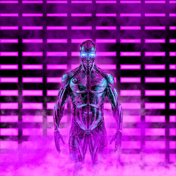 The neon cyborg - 3D illustration of science fiction scene with humanoid robot in front of glowing lights
