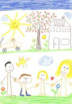 ChildrenÔøΩs drawing, happy family with house, car, garden, apple tree and sunshine