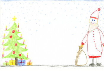 Children's drawing with decorated Christmas tree, presents and smiling Santa Claus