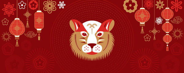 Happy Chinese New Year 2022. greeting card or banner. Geometric face of a tiger against the background of Chinese lanterns and flowers in Asian style.