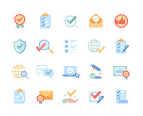 Set of icon with check mark. Colorful stickers with confirmed data, scientific research and checklist with tick. Design element for website. Cartoon flat vector collection isolated on white background