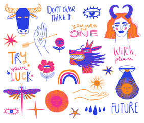 Naklejka premium Colorful set of funky esoteric elements
