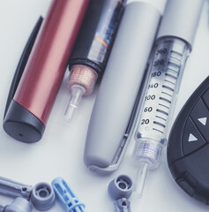 Medicine, diabetes, glycemia, healthcare and people concept. Insulin and blood sugar meter, diabetes kit . World Diabetes day, 14 November