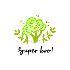 Super Broccoli handwritten text isolated on white background. Vector illustration of a broccoli with the funny pun 'Super Bro!' Fun T-Shirt design.Healthy food concept for vegetarian market, menu