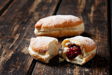 Fresh crullers, filled with jam