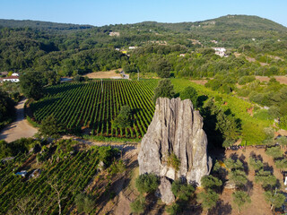 Aerial view on green vineyards in Campo Soriano mountains near Terracina, Lazio, wine making in...