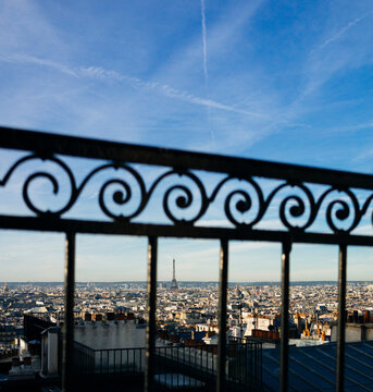France, Ile-de-France, Paris, Metal railing against sky and city downtown