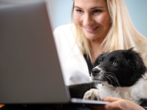 Smiling businesswoman with dog using laptop