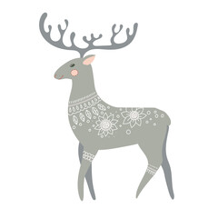 Gray deer in boho in pastel colors. Beautiful wild animal. Winter vector illustration isolated on white background.