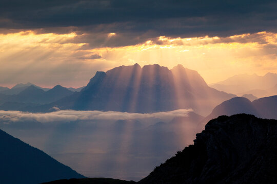 Austria, Tyrol, Kramsach, View from Rofan Mountains to Kaiser Mountains, Wilder Kaiser at sunrise