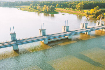 Dam on the river. Hydroelectric power station, aerial photography