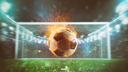 Close up of a fiery soccer ball kicked with power at the stadium scoring a goal - Powered by Adobe
