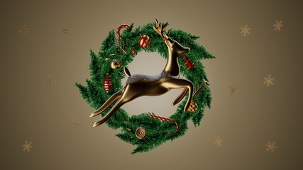 Christmas banner. Xmas Background with realistic objects, Gold Metal Deer