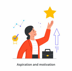 Aspiration and motivation concept. Woman moves to top and achieves success. Entrepreneur caught star. Career advancement. Cartoon modern flat vector illustration isolated on white background