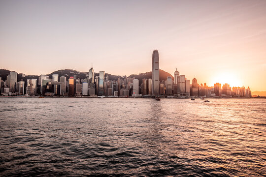 Hong Kong, Tsim Sha Tsui, cityscape at sunset