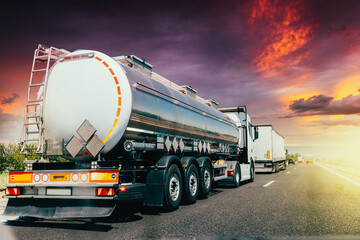 Lorry Fuel Truck in motion on a motorway during a heavy traffic - obrazy, fototapety, plakaty